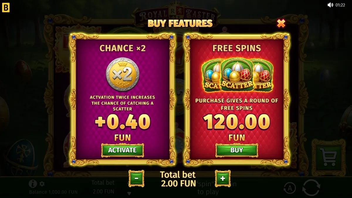 Tampilan visual mewah slot Royal Easter dengan telur Faberge dan taman istana
