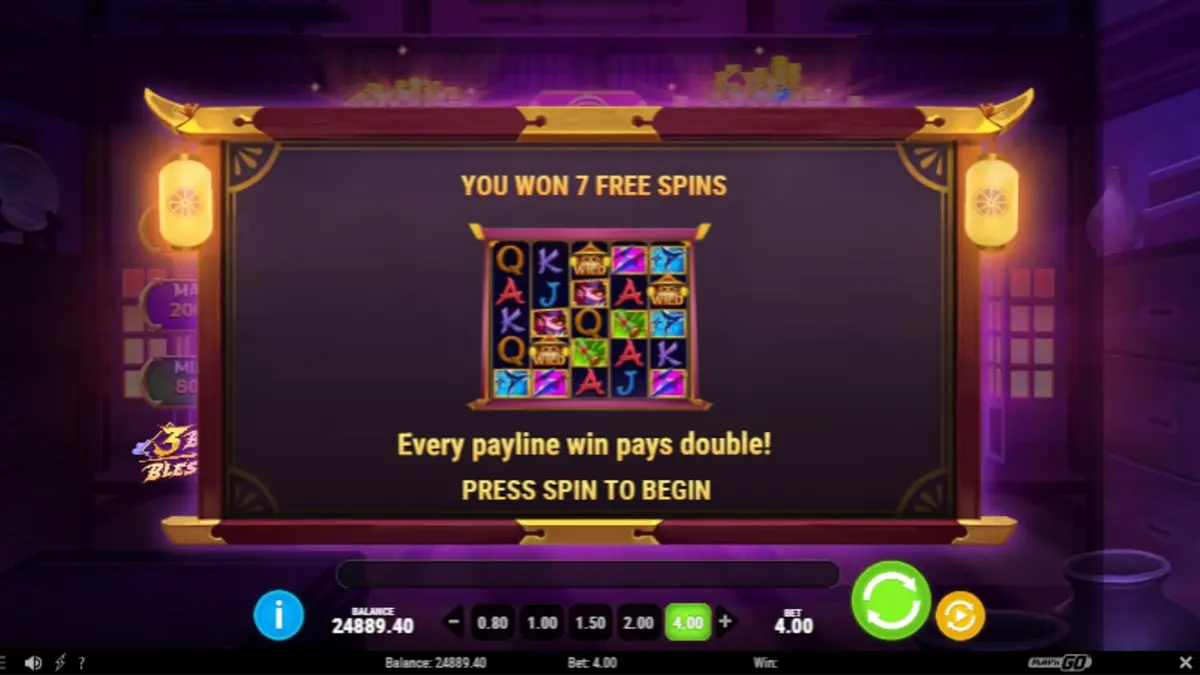 Pemandangan malam hari dengan latar belakang pagoda dan bunga sakura dalam slot 3 Blades & Blessings