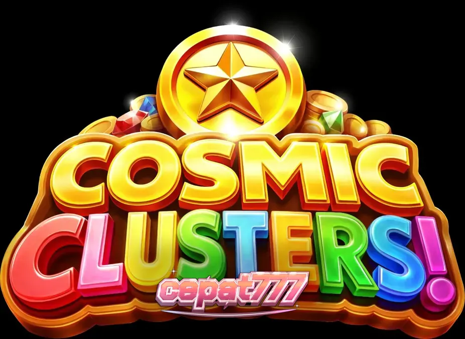Tampilan visual slot Cosmic Clusters dengan tema luar angkasa neon